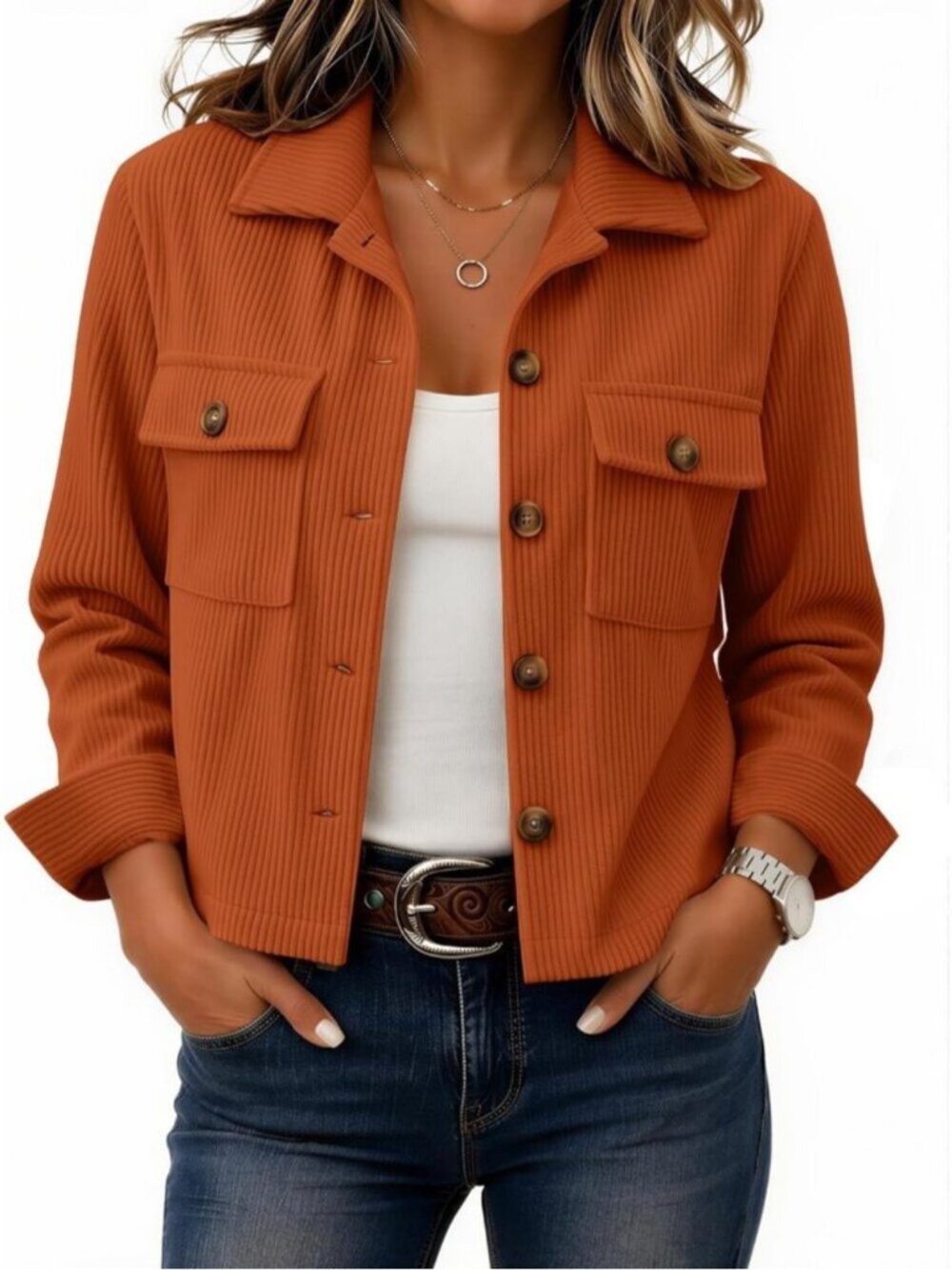 Women's Orange Ribbed Knit Button-Down Flap Pockets Long Sleeve Cropped Shacket